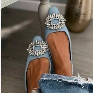 Zara sling back denim flats with sparkly jewel front.